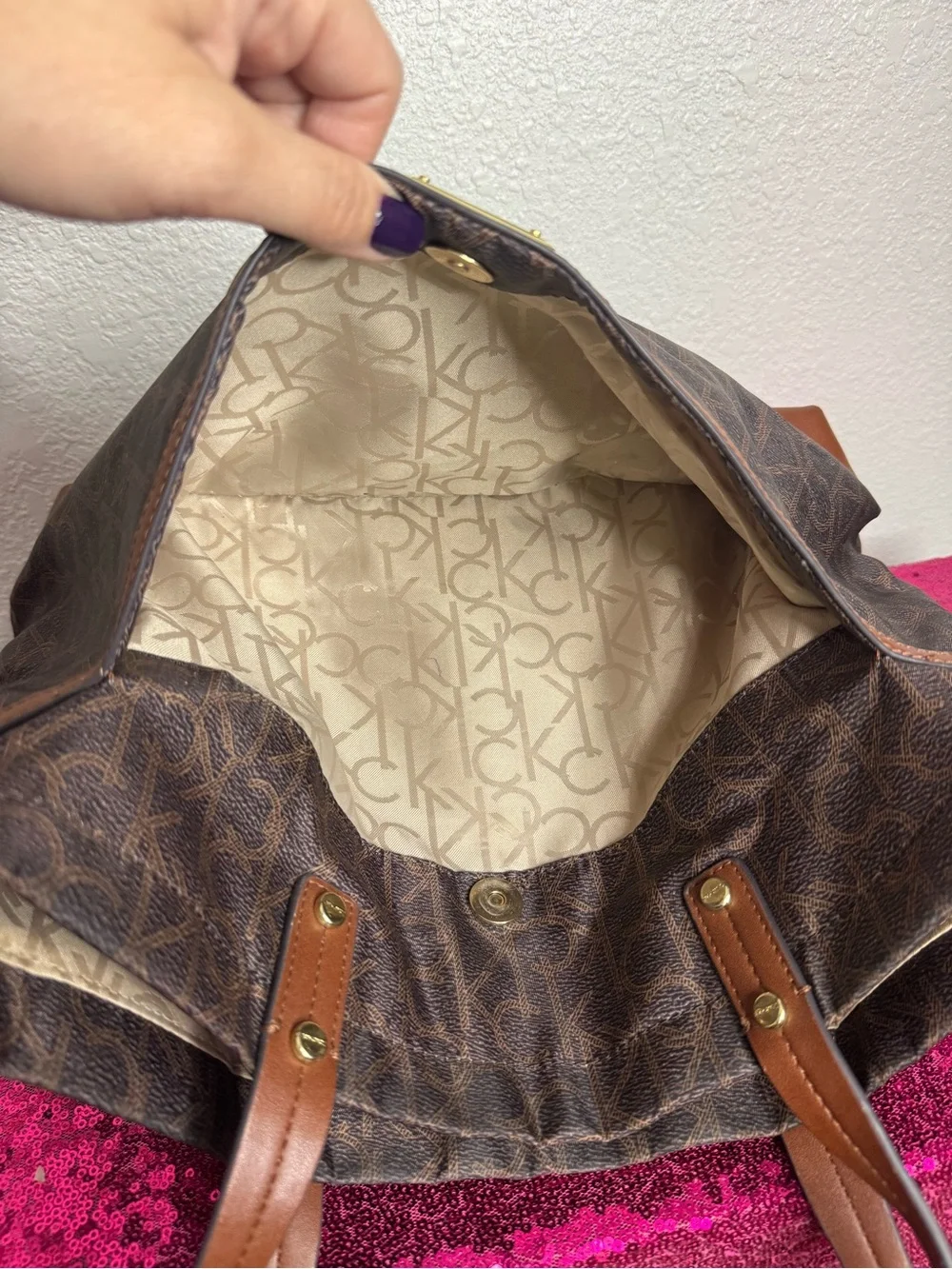 CALVIN KLEIN 🌟 Brown, Gold Monogram Logo Shoulder Tote, Dual Straps - Like NEW